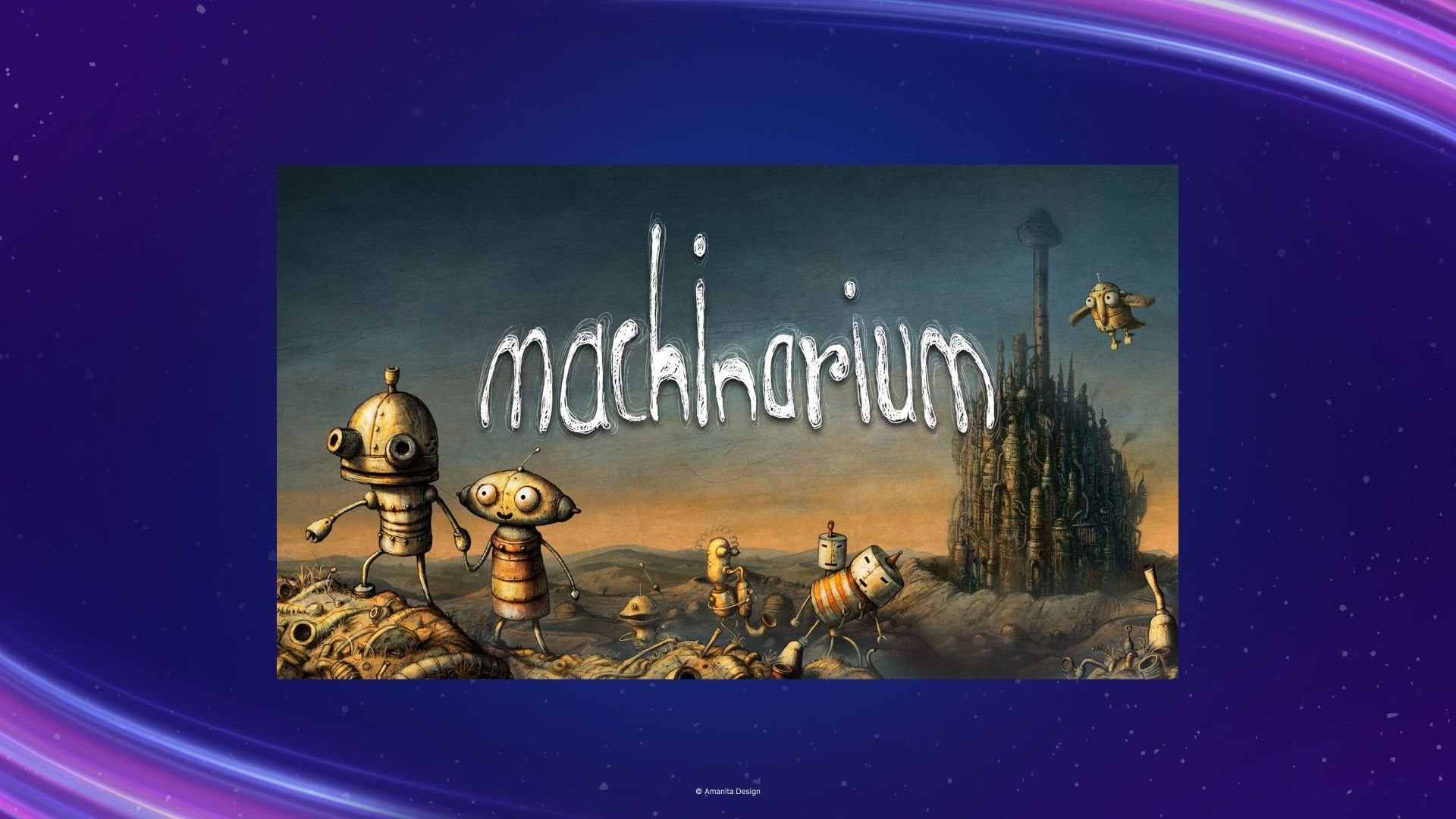 Machinarium: arte promocional com o robô Josef e ambiente mecânico em estilo desenhado à mão