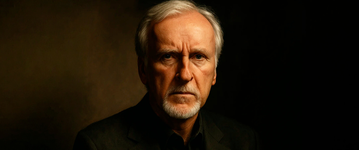 Retrato editorial de James Cameron, diretor de Avatar e Titanic, em destaque no artigo dos melhores filmes segundo o IMDb
