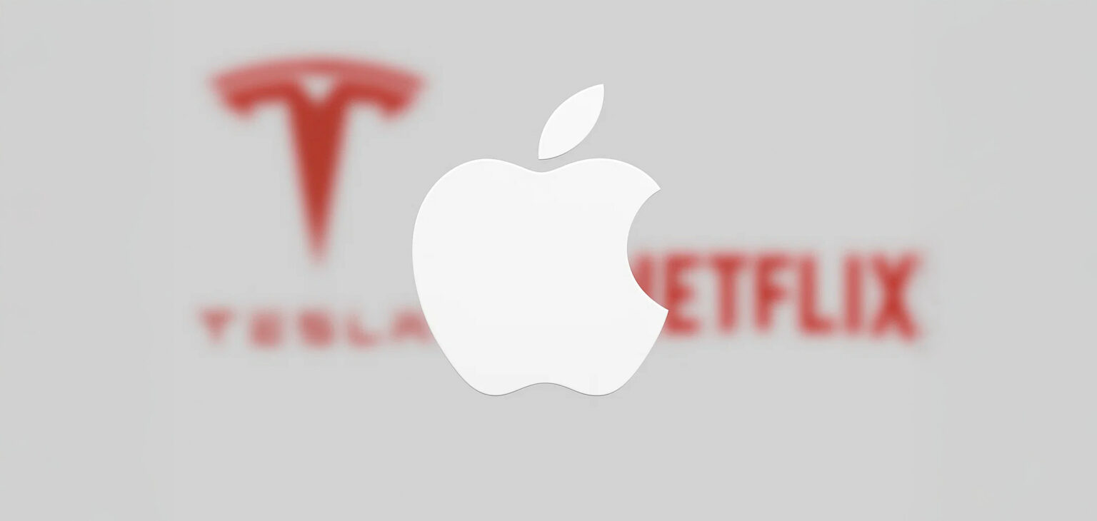 Logo da Apple em branco em destaque, sobreposto a logos desfocados da Tesla e da Netflix em vermelho sobre fundo cinza