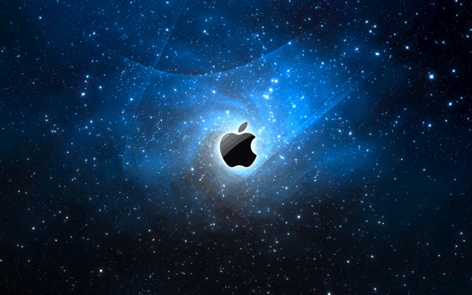 Logo da Apple, em preto e brilhante, no centro de uma galáxia azul cheia de estrelas