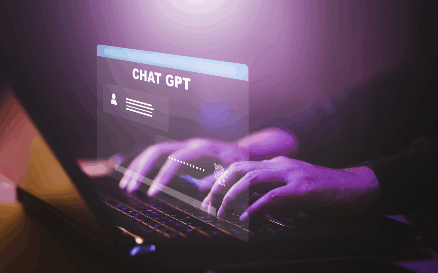 Mãos digitando em notebook, com uma janela transparente de chat com a palavra "CHAT GPT" flutuando sobre o teclado, em tons roxos