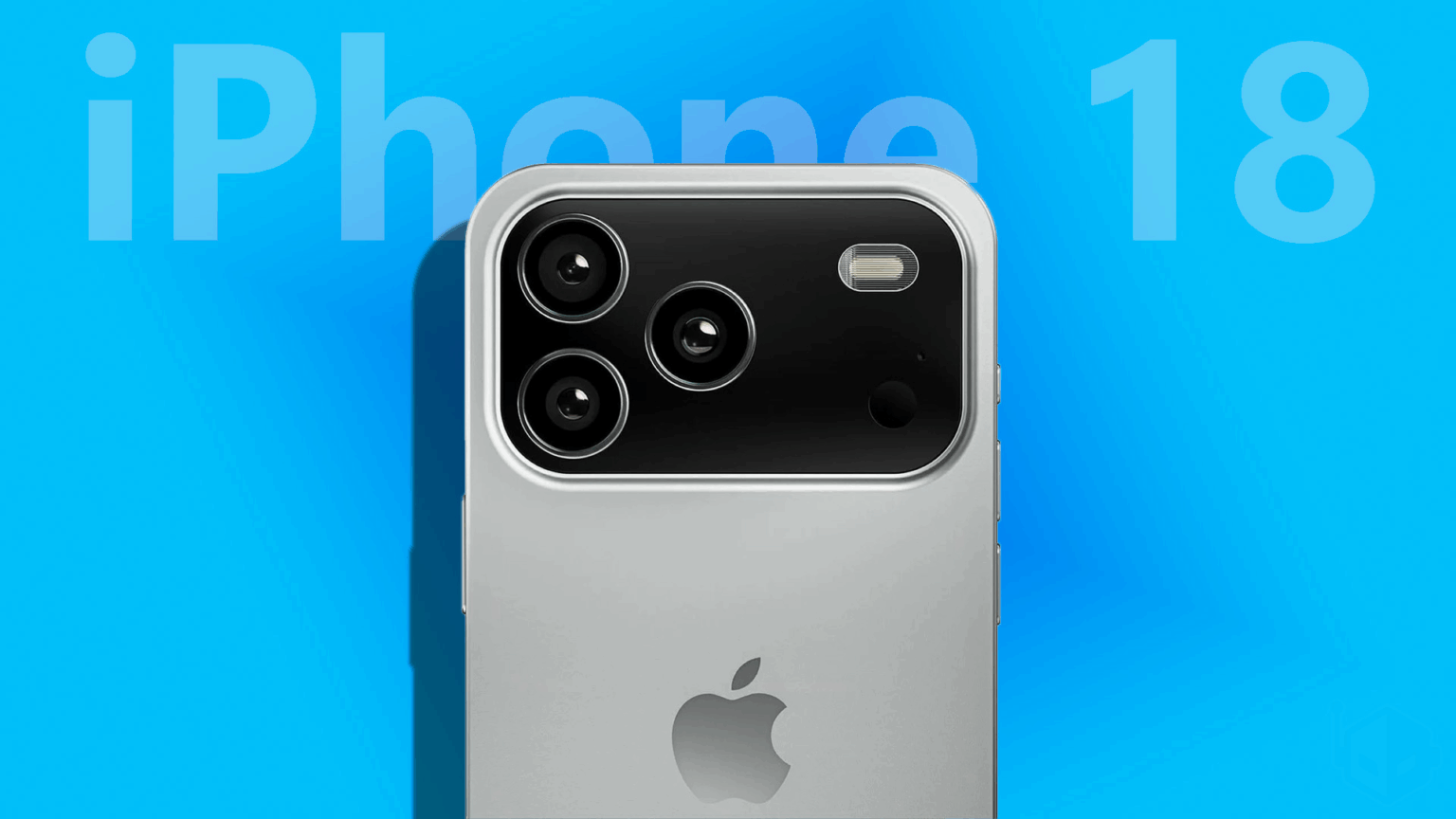 Traseira de iPhone 18 prateado em fundo azul, com módulo de três câmeras e o texto "iPhone 18" em destaque ao fundo
