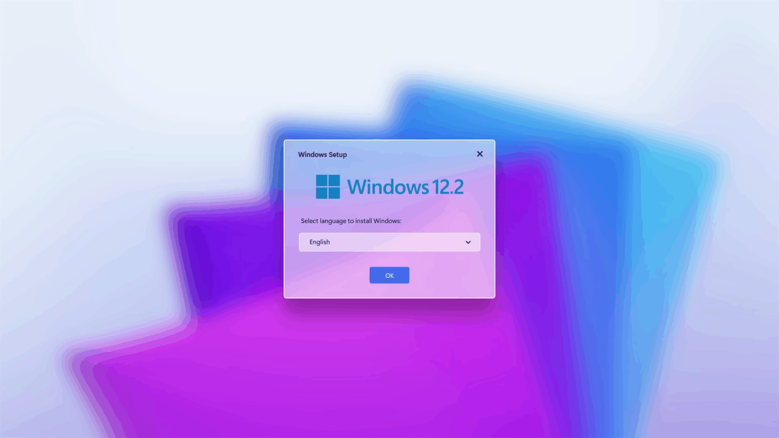 Janela de instalação do Windows 12.2 pedindo o idioma de instalação, com fundo em tons de roxo e azul e o botão OK em destaque