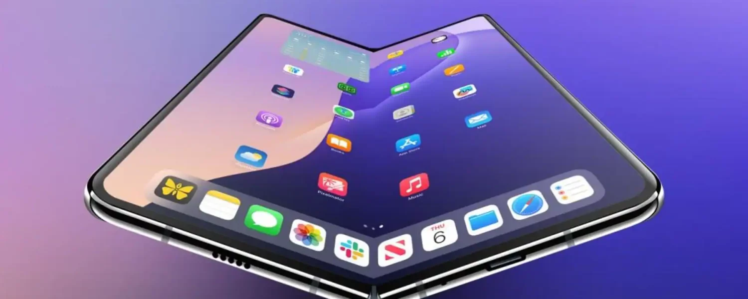 Visualização conceitual do iPhone dobrável estilo livro, possível lançamento da Apple em setembro de 2026.