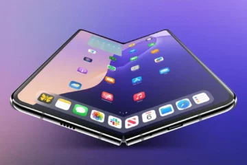 Visualização conceitual do iPhone dobrável estilo livro, possível lançamento da Apple em setembro de 2026.