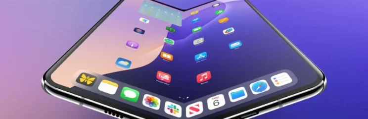 Visualização conceitual do iPhone dobrável estilo livro, possível lançamento da Apple em setembro de 2026.