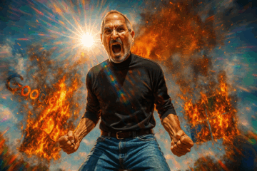 Steve Jobs em ataque de fúria com logos do Google e Microsoft em chamas ao fundo