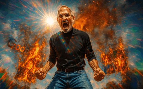 Steve Jobs em ataque de fúria com logos do Google e Microsoft em chamas ao fundo
