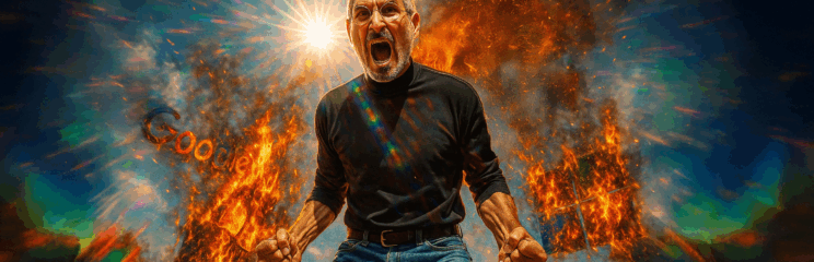 Steve Jobs em ataque de fúria com logos do Google e Microsoft em chamas ao fundo