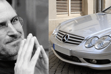 Montagem editorial mostrando Steve Jobs ao lado da Mercedes sem placa que dirigia nos anos 2000
