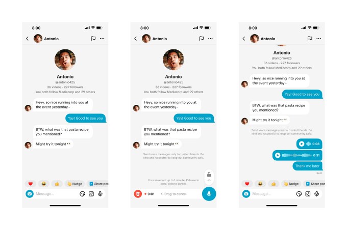 Captura de tela dos DMs do TikTok mostrando balões de mensagem, ícone de microfone e prévias de mídia