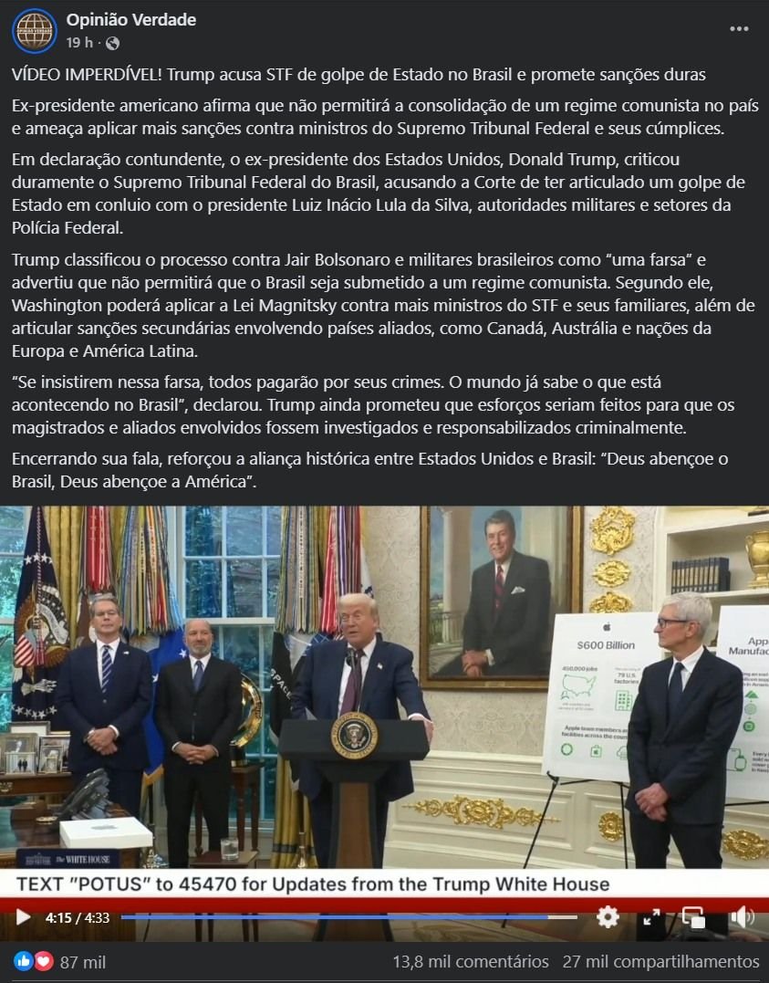 Vídeo falso de Trump acusando STF de golpe e chamando Lula de "carniceiro" viraliza com 87 mil curtidas; entenda 1 Captura de tela do vídeo falso mostrando Donald Trump com áudio sincronizado em português