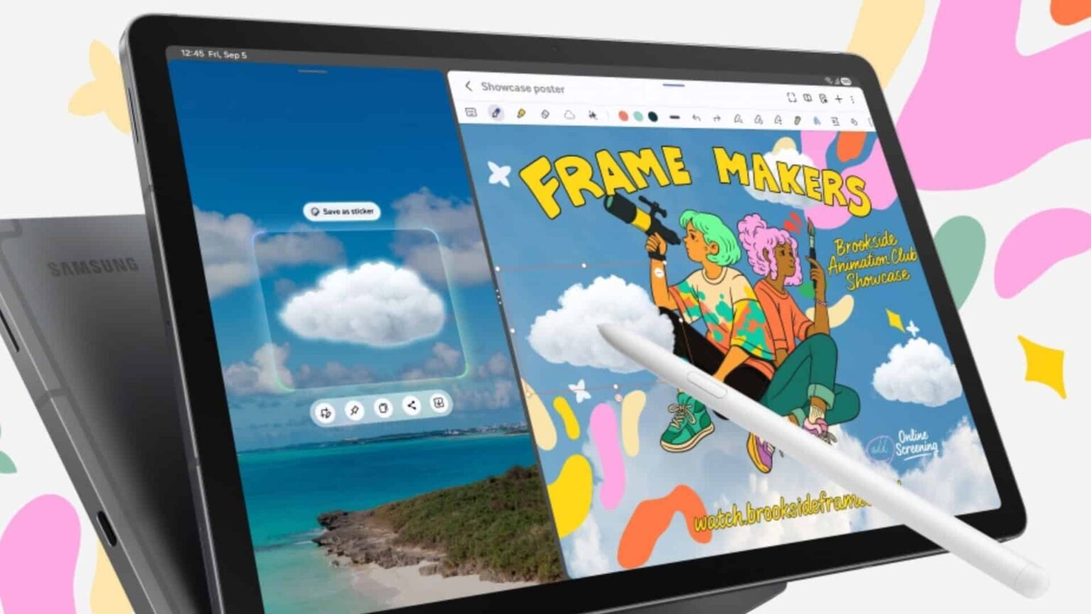 Tablet Samsung Galaxy Tab S10 Lite com caneta stylus, exibindo à direita um pôster ilustrado "Frame Makers" aberto no editor de desenho e à esquerda uma nuvem…