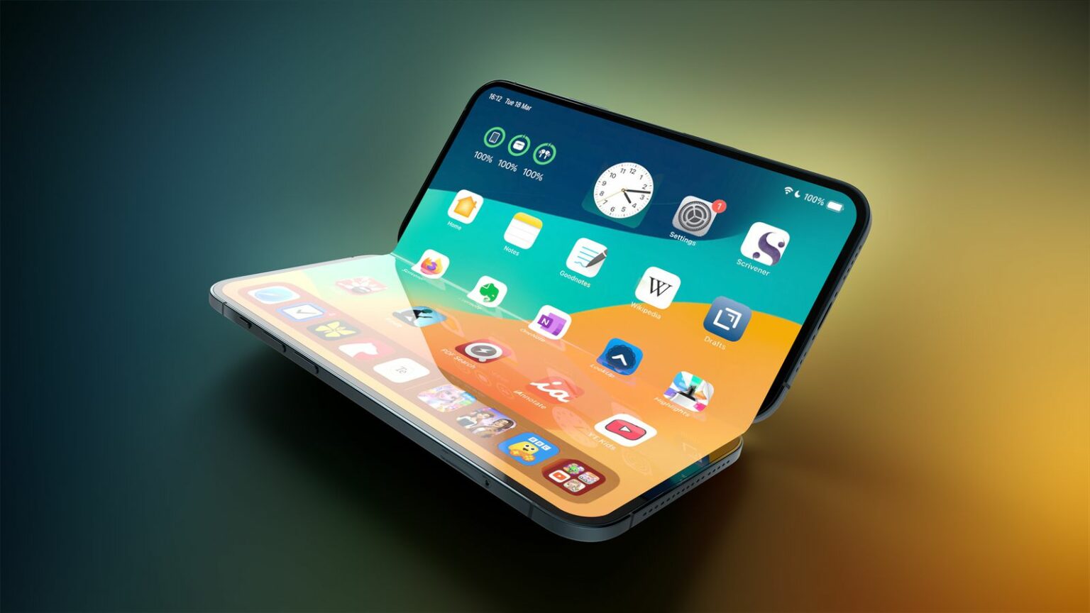Render conceitual de um smartphone dobrável com tela flexível mostrando a interface do iOS, com ícones de apps e relógio na tela principal