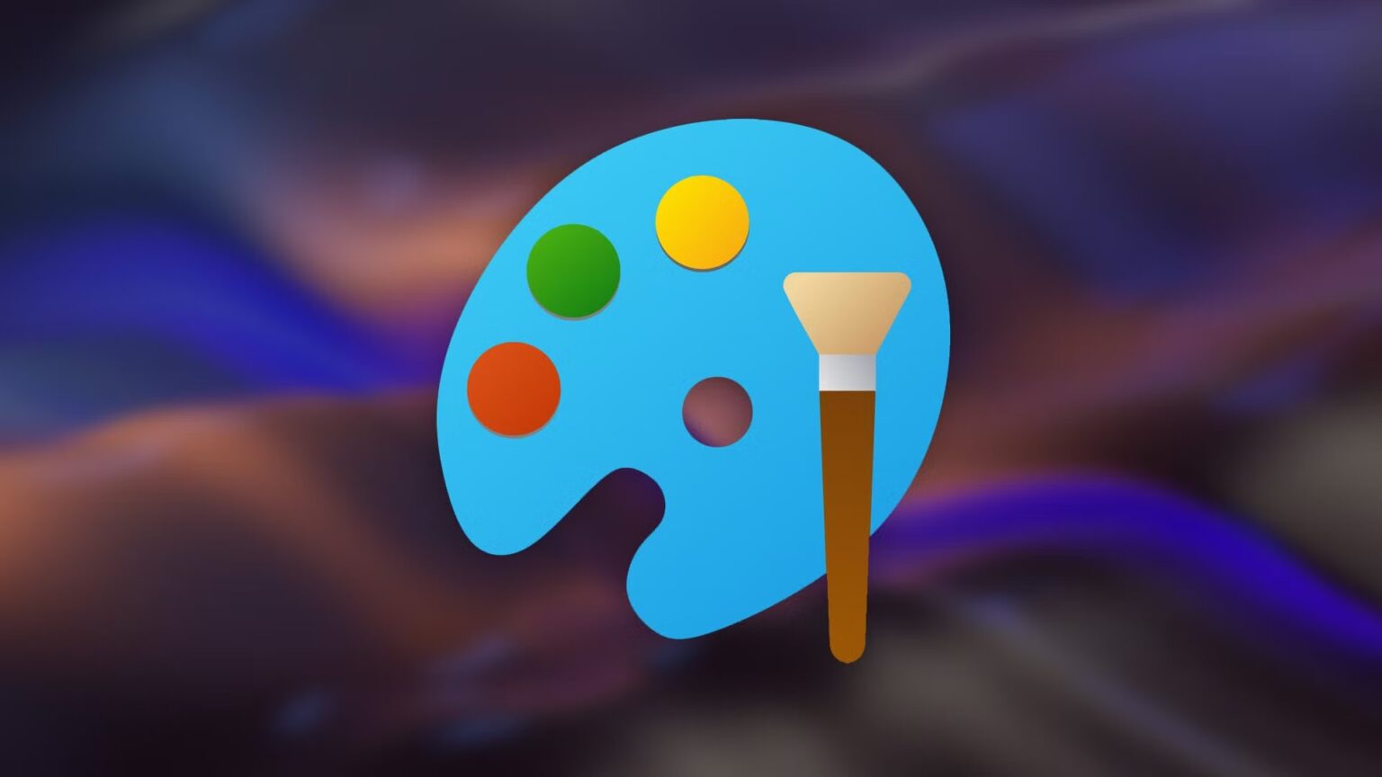 Ícone azul da Microsoft Paint, com paleta de cores e pincel, sobre fundo escuro com ondas roxas e alaranjadas