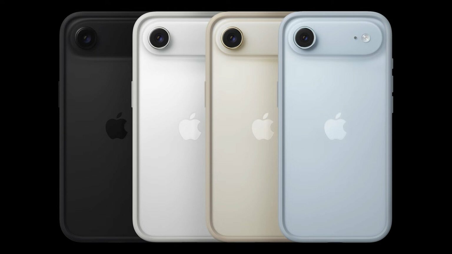Quatro iPhone Air lado a lado, de costas, nas cores preto, prata, dourado e azul, sobre fundo preto