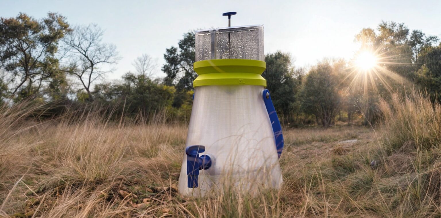 Gerador portátil de água do ar, com reservatório transparente, tampa verde, alça azul e torneira, em campo aberto com vegetação seca ao pôr do sol