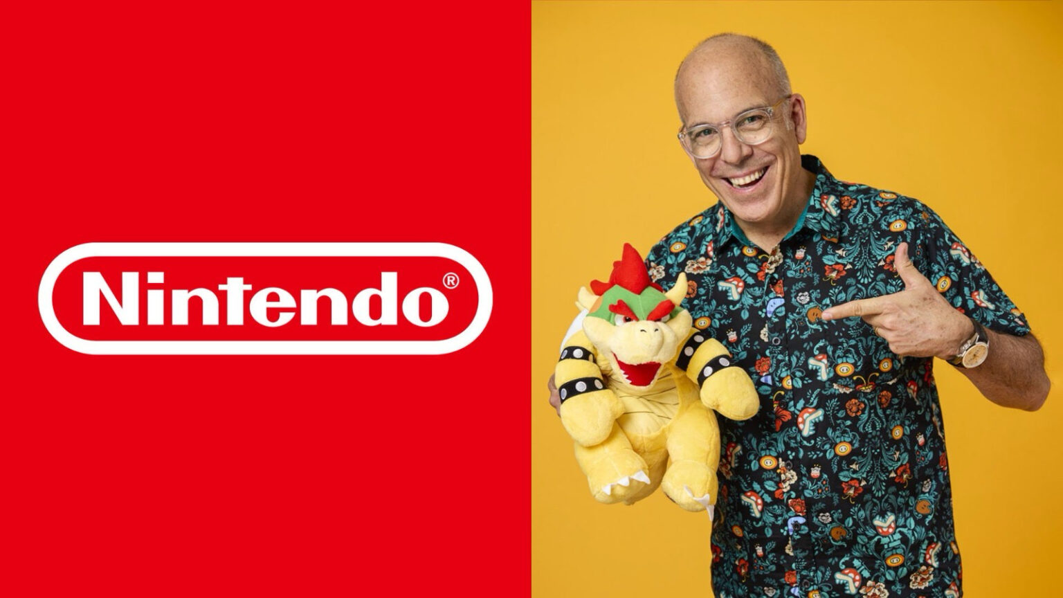 Logotipo da Nintendo em branco sobre fundo vermelho ao lado de homem sorrindo, apontando para um pelúcia do Bowser, em fundo amarelo