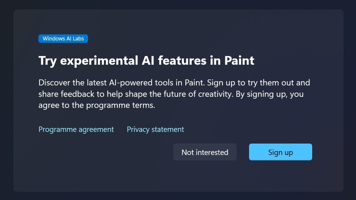 Windows AI Labs: O programa da Microsoft que promete testar IA experimental no Windows 11 1 Tela do programa Windows AI Labs exibida na interface do Microsoft Paint com opções para experimentar funções experimentais de IA