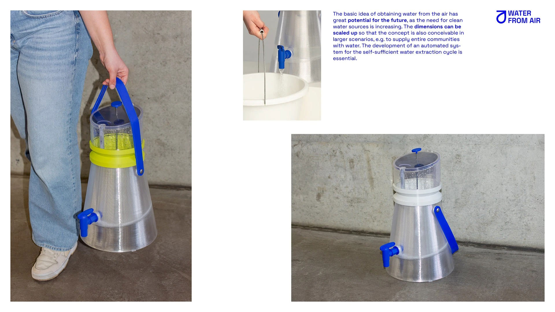Dispositivo 3D portátil gera água potável a partir do ar para uma família inteira 1 Render 3D do dispositivo portátil 'Water from Air' mostrando gotas condensadas no corpo do aparelho