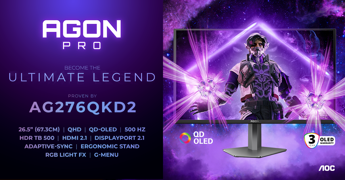 Novo monitor AGON PRO AG276QKD2 redefine o gaming com 500Hz e QD-OLED 1 Monitor AGON PRO AG276QKD2 com tela mostrando personagem futurista roxo em cenário espacial neon