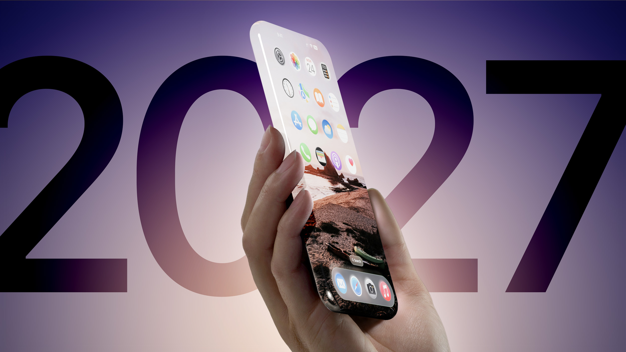 O iPhone de 20 anos promete tela mais fina e brilhante com nova tecnologia OLED 1 iPhone 2027 com tela quase sem bordas exibindo a tela inicial do iOS