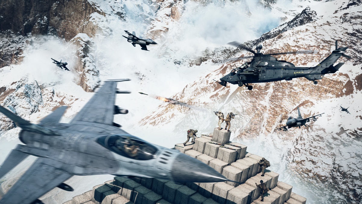 Battlefield 6 traz opção inédita para separar consoles e PC no multiplayer 2 Cena de combate intenso em ambiente alpino nevado com soldados e veículos aéreos em Battlefield 6
