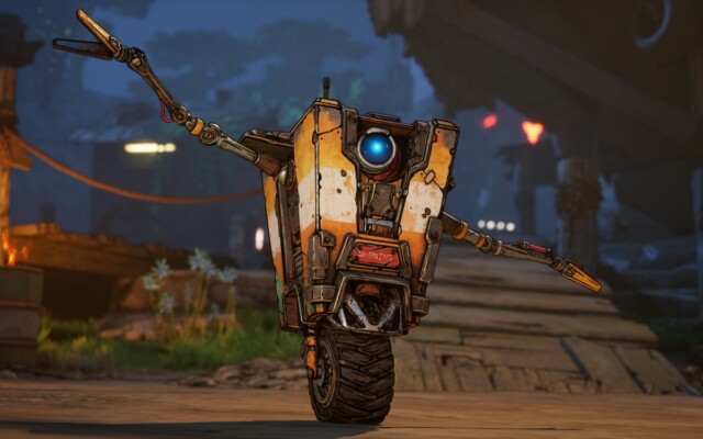 Borderlands 4 pode ser um pesadelo para consoles: desempenho e críticas levantam alerta 1 Robô estilo Claptrap branco e laranja com visual desgastado em cenário urbano futurista