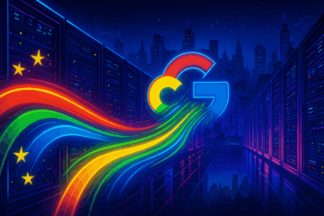 Ilustração futurista mostra fluxo de luzes coloridas do Google Cloud atravessando um data center em São Paulo, com arranha-céus da cidade ao fundo iluminados em neon.