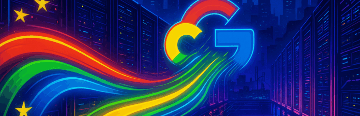 Ilustração futurista mostra fluxo de luzes coloridas do Google Cloud atravessando um data center em São Paulo, com arranha-céus da cidade ao fundo iluminados em neon.