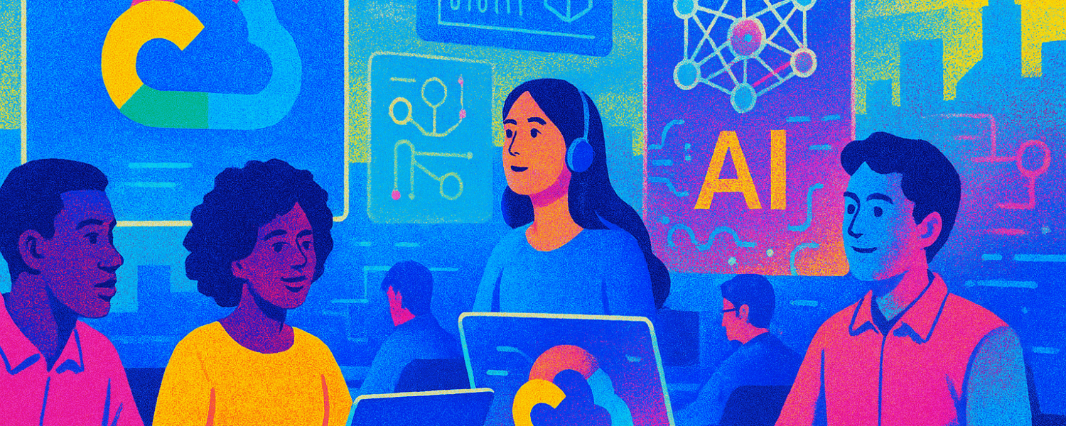 Ilustração risográfica mostra jovens em sala de aula digital, com hologramas de IA e o logo do Google Cloud, simbolizando aprendizado acessível em inteligência artificial.