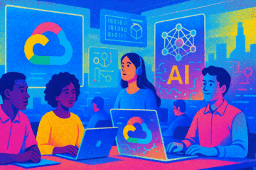 Ilustração risográfica mostra jovens em sala de aula digital, com hologramas de IA e o logo do Google Cloud, simbolizando aprendizado acessível em inteligência artificial.