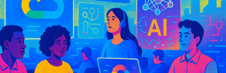 Ilustração risográfica mostra jovens em sala de aula digital, com hologramas de IA e o logo do Google Cloud, simbolizando aprendizado acessível em inteligência artificial.