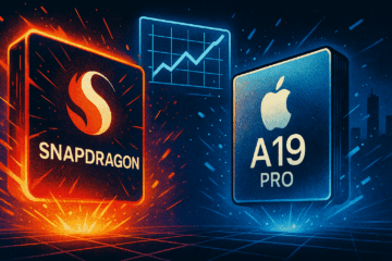 Ilustração em estilo retro comic mostra duelo entre chips: Snapdragon incandescente em vermelho e laranja contra Apple A19 Pro em tons frios de azul, com gráfico holográfico destacando a vitória do Snapdragon.