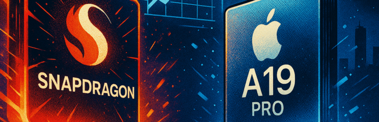 Ilustração em estilo retro comic mostra duelo entre chips: Snapdragon incandescente em vermelho e laranja contra Apple A19 Pro em tons frios de azul, com gráfico holográfico destacando a vitória do Snapdragon.