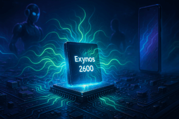 Ilustração futurista do chip Exynos 2600 brilhando no centro de uma placa-mãe, com feixes de luz neon verde e azul representando inteligência artificial mais rápida e eficiência energética aprimorada.