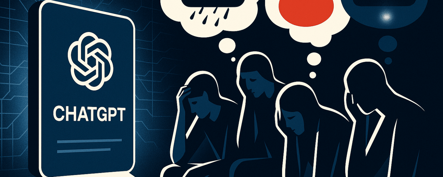 Ilustração minimalista mostrando a interface do ChatGPT iluminada à esquerda e quatro silhuetas humanas em sofrimento à direita, com balões de pensamento que simbolizam nuvens escuras e instabilidade emocional.
