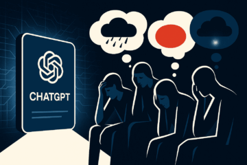 Ilustração minimalista mostrando a interface do ChatGPT iluminada à esquerda e quatro silhuetas humanas em sofrimento à direita, com balões de pensamento que simbolizam nuvens escuras e instabilidade emocional.
