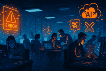 Ilustração cinematográfica mostrando um escritório futurista com várias pessoas corrigindo erros digitais causados por inteligência artificial. Hologramas em neon exibem mensagens de erro e ícones quebrados de IA no ar.