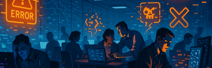 Ilustração cinematográfica mostrando um escritório futurista com várias pessoas corrigindo erros digitais causados por inteligência artificial. Hologramas em neon exibem mensagens de erro e ícones quebrados de IA no ar.