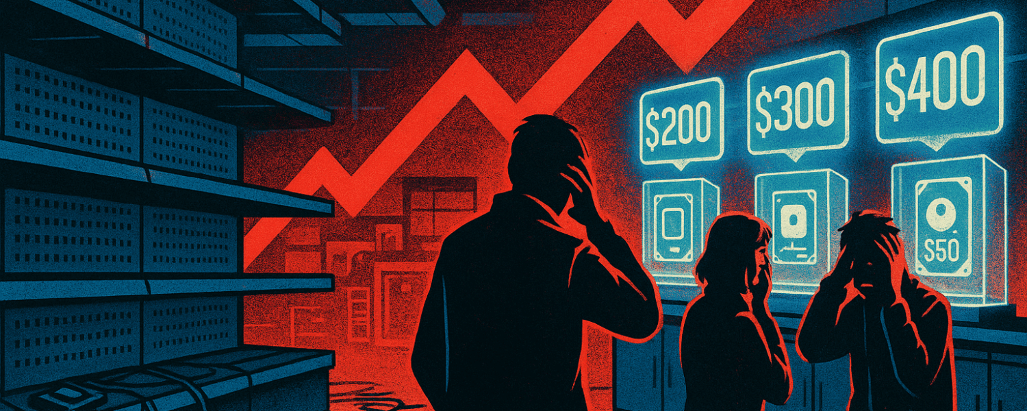 Ilustração em estilo risograph mostrando consumidores assustados diante de prateleiras vazias e preços inflacionados de HDs e SSDs, com uma seta vermelha em destaque apontando para cima.