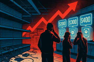 Ilustração em estilo risograph mostrando consumidores assustados diante de prateleiras vazias e preços inflacionados de HDs e SSDs, com uma seta vermelha em destaque apontando para cima.