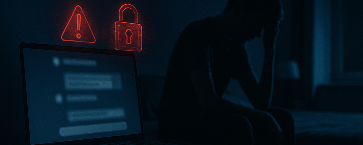 Quarto escuro com laptop iluminado exibindo tela de chat desfocada, hologramas vermelhos de alerta e cadeado flutuando, enquanto um adolescente aparece em silhueta cabisbaixa ao fundo.