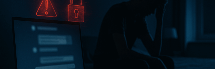 Quarto escuro com laptop iluminado exibindo tela de chat desfocada, hologramas vermelhos de alerta e cadeado flutuando, enquanto um adolescente aparece em silhueta cabisbaixa ao fundo.