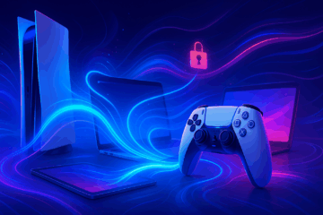 Ilustração futurista mostra um console PlayStation 5, um controle DualSense em destaque e dispositivos como laptop e tablet conectados por feixes de luz azul e roxa, simbolizando emparelhamento rápido.