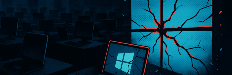 Ilustração editorial em estilo retrô mostra o logotipo do Windows 10 rachado e fragmentado, iluminando um escritório repleto de computadores escuros, simbolizando o fim do suporte e a vulnerabilidade de milhões de máquinas.