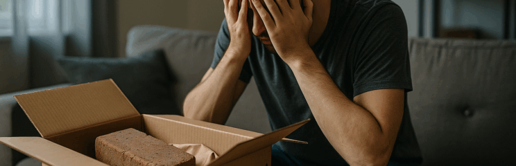 Jovem adulto sentado no sofá com as mãos no rosto em sinal de decepção, diante de uma caixa da Amazon aberta contendo apenas um tijolo em vez da placa de vídeo RTX 5080.