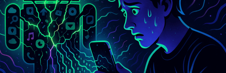 Ilustração editorial em estilo neon mostrando um usuário preocupado segurando um smartphone, enquanto um robô Android rachado libera fluxos de dados binários brilhantes que se conectam ao aparelho.
