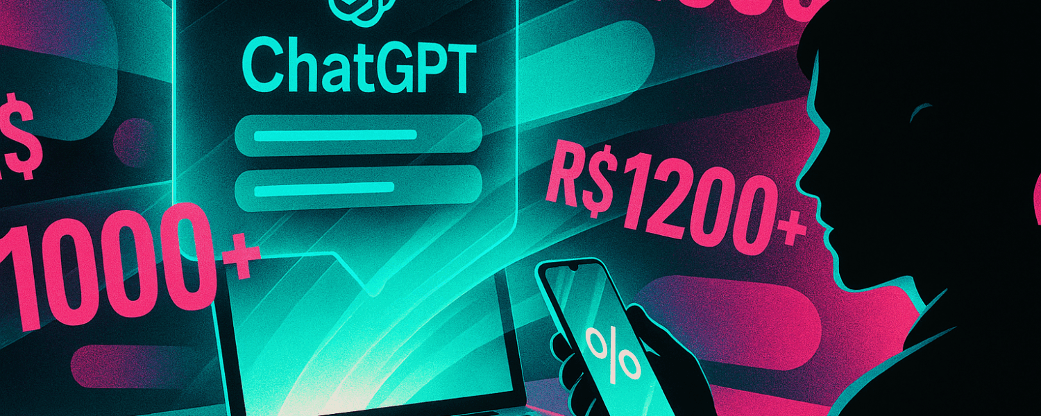 Ilustração digital em estilo futurista mostrando um laptop com holograma do ChatGPT, valores em reais como R$1000+ e R$1200+ flutuando ao redor, e a silhueta de um usuário observando preocupado.