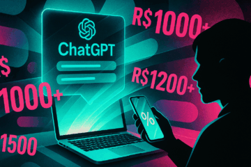 Ilustração digital em estilo futurista mostrando um laptop com holograma do ChatGPT, valores em reais como R$1000+ e R$1200+ flutuando ao redor, e a silhueta de um usuário observando preocupado.